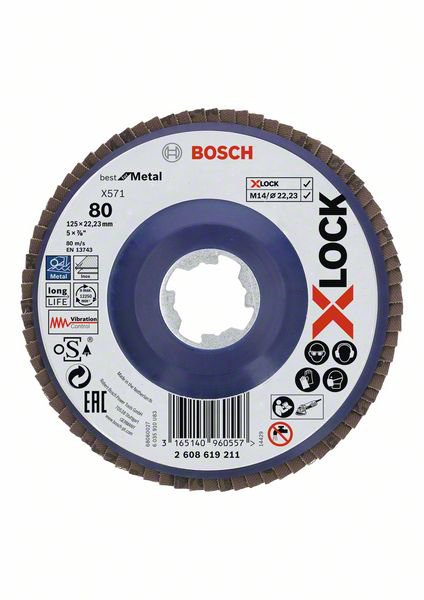 5 Stück Bosch X-LOCK Fächerschleifscheibe, gerade Ausführung, Kunststofftragplatte, Ø125 mm (2608619