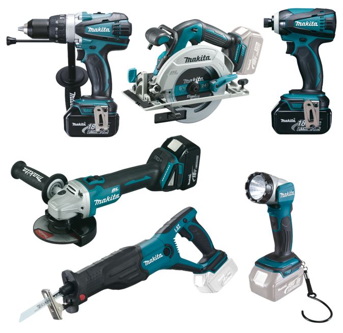 Makita Geräte-Set DHP + DHS + DGA + DTC + DJR + Lampe + Zubehör DLX6076T